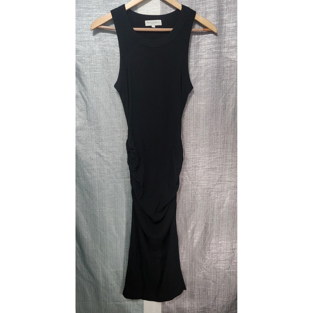 Michael Stars Minimalist Womens Black Ribbed Ruched Midi Dress XS Quiet Luxury